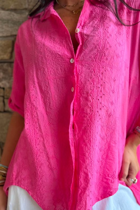 Pia Pillow Cotton Embroidered Tile Classic Shirt Hot Pink